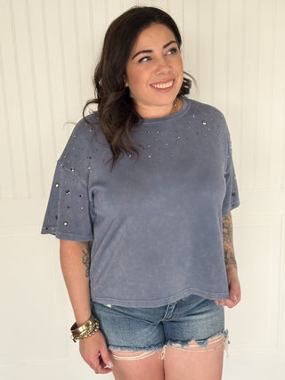 The Stardust Stud Tee, Denim - 100 Casual Tops - The Farmhouse