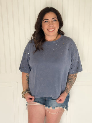 The Stardust Stud Tee, Denim - 100 Casual Tops - The Farmhouse