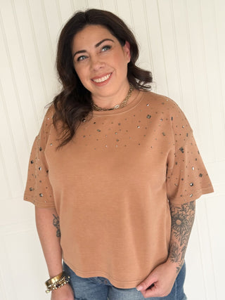 The Stardust Stud Tee, Mocha Beige - 100 Casual Tops - The Farmhouse