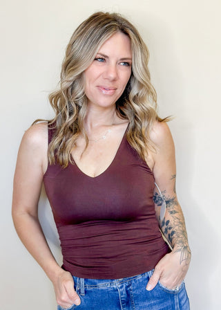 Double Layered V Neck Tank in Brown Chocolate