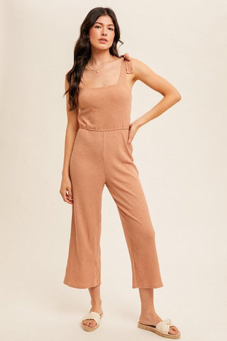 Tied & True Casual Slub Rib Tie Shoulder Sqaure Neck Jumpsuit - The Farmhouse