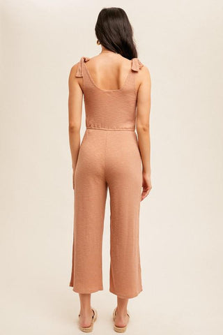 Tied & True Casual Slub Rib Tie Shoulder Sqaure Neck Jumpsuit - The Farmhouse