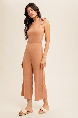 Tied & True Casual Slub Rib Tie Shoulder Sqaure Neck Jumpsuit - The Farmhouse