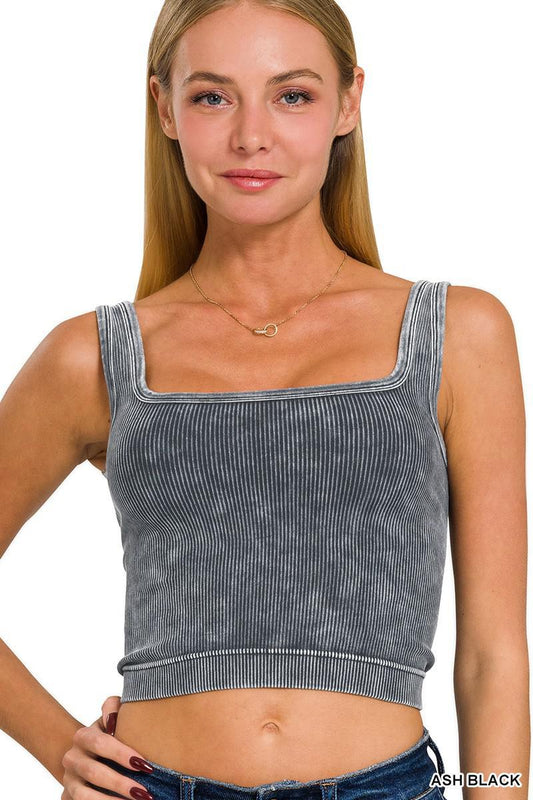 Track Star 2 Way Neckline Washed Ribbed Cropped Tank Top - Ash Black - The Farmhouse