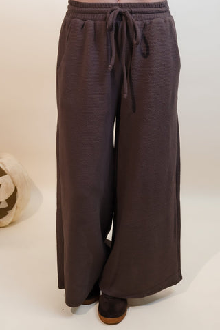 Taupe cloudy knit wide-leg pants with drawstring waist and side pockets