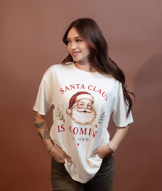 Another angle of Christmas tee with Santa Claus Is Coming To Town print
