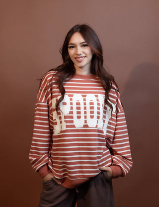 Halloween striped cloudy knit top with round neckline and long sleeves