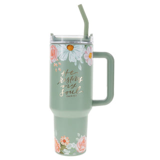 Tumbler W/Straw Ss Green He Restores My Soul Ps. 23:3 - 420 Home Decor - The Farmhouse