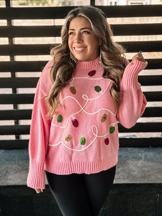 Twinkle & Shine Christmas Lights Ugly Christmas Sweater, Pink - The Farmhouse