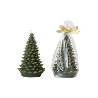 Small unscented evergreen tree-shaped candle with gold tips and cotton wick
