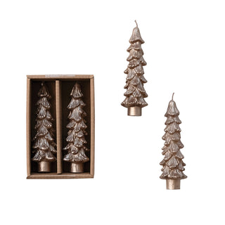 Champagne gold tree-shaped taper candles, unscented set of 2 in gift box