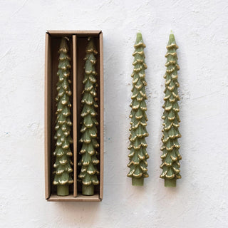 Alternate view of evergreen tree-shaped taper candle set with gold tips