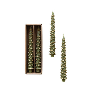 Set of two evergreen tree-shaped taper candles with gold tips in gift box