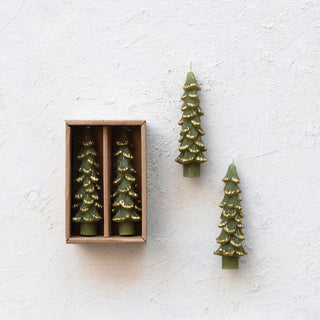 Evergreen tree-shaped taper candles with gold tips, set of 2 in box