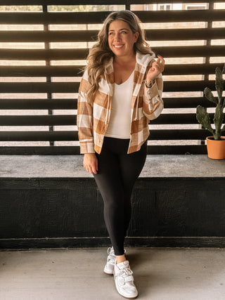 Urban Dreams Athleisure Hooded Flannel, Camel - The Farmhouse