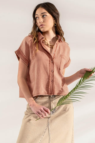 Urban Edge Comfy Short Sleeve Button Down Top, Sienna - The Farmhouse