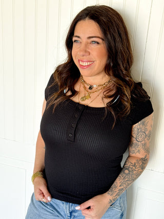 Urban Rib Short Sleeve Henley Top, Black - 110 Blouses - The Farmhouse