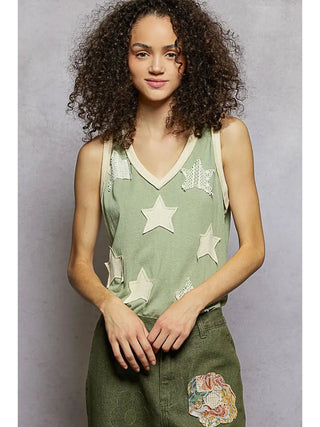 V - Neck Sleeveless Front Star Patches Solid Basic Top, Dusty Olive & Pearl Grey & Red - Top - The Farmhouse