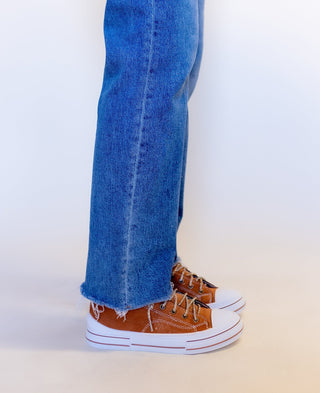 Side view of Very G Aman tan brushed suede sneaker