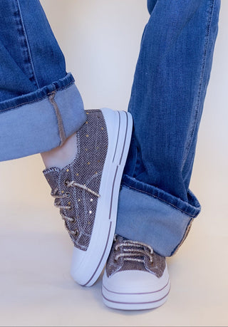 Side view of Very G Aman Tailor brown and cream herringbone sneaker