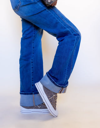 Back view of Very G brown herringbone platform sneaker