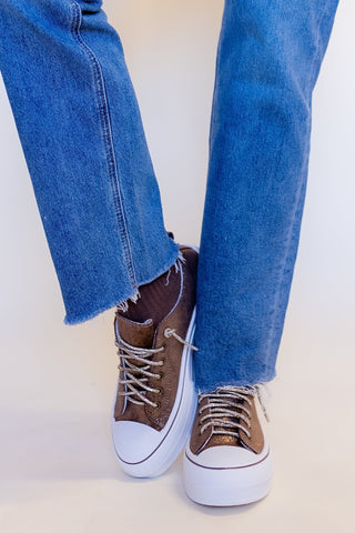 Very G Harmon chocolate brown suede-look platform sneaker with gold sparkle laces