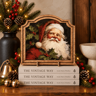 Vintage Santa provincial framed art, 9 by 10 inch holiday decor piece