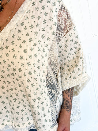 Vintage - Style Floral Print Lace Cropped Gauze Blouse Top - Top - The Farmhouse