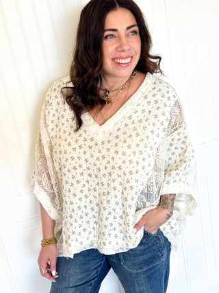 Vintage - Style Floral Print Lace Cropped Gauze Blouse Top - Top - The Farmhouse