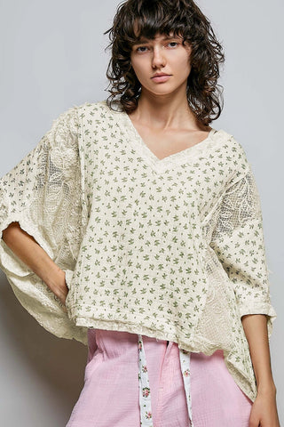 Vintage - Style Floral Print Lace Cropped Gauze Blouse Top - Top - The Farmhouse