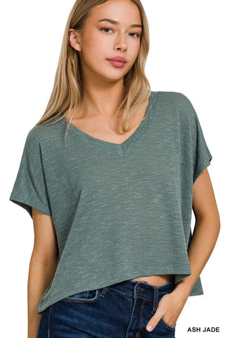 Washed Away V-Neck Drop Shoulder Short Sleeve Crop Top - Ash Jade - The Farmhouse