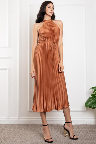 Wedding Crasher Elegant Pleated Midi Dress, Mocha - The Farmhouse