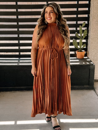 Wedding Crasher Elegant Pleated Midi Dress, Mocha - The Farmhouse