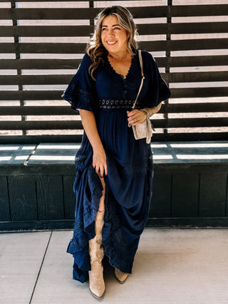 Whispering Lace Boho Maxi Dress, Navy - The Farmhouse