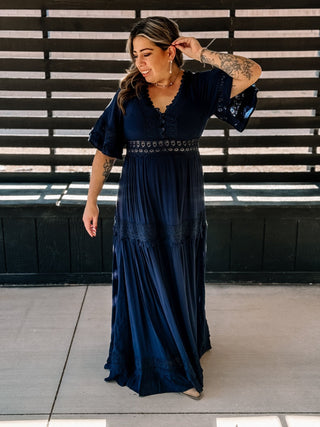 Whispering Lace Boho Maxi Dress, Navy - The Farmhouse