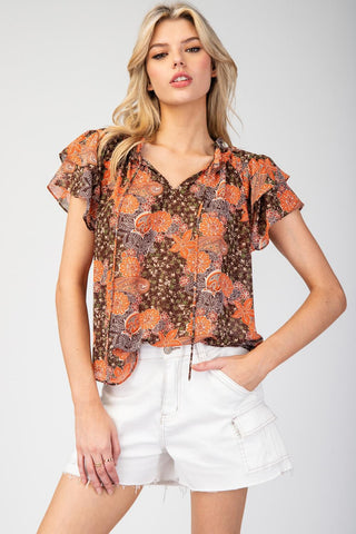 Whispering Ruffles Flowy Top Comfy Business Casual Workplace Top, Rust - The Farmhouse