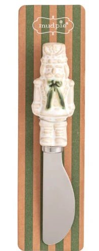 Close-up of the reactive glaze figural handle on Mud Pie Christmas spreader