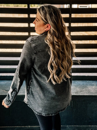 Wild Mustang Distressed Denim Shacket, Charcoal - The Farmhouse