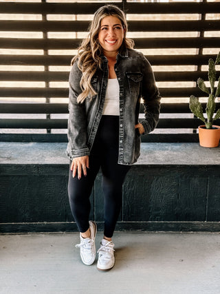 Wild Mustang Distressed Denim Shacket, Charcoal - The Farmhouse