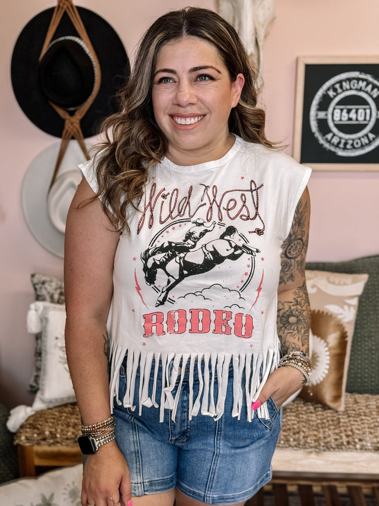 Wild West Rodeo Fringed Sleeveless Graphic Tee - The Farmhouse