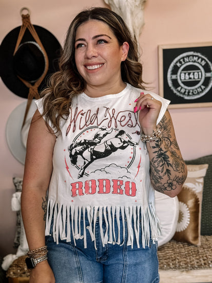 Wild West Rodeo Fringed Sleeveless Graphic Tee - The Farmhouse