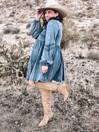 Wildflower Whimsy Boho Western Babydoll Dress, Denim - The Farmhouse