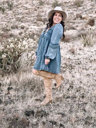 Wildflower Whimsy Boho Western Babydoll Dress, Denim - The Farmhouse