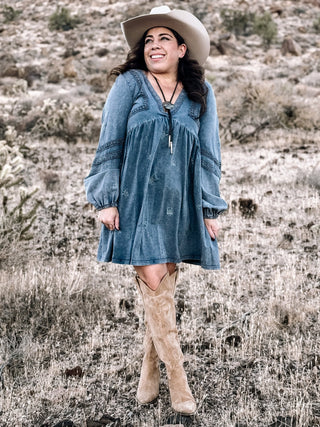 Wildflower Whimsy Boho Western Babydoll Dress, Denim - The Farmhouse