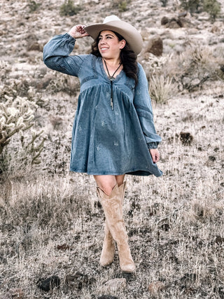 Wildflower Whimsy Boho Western Babydoll Dress, Denim - The Farmhouse