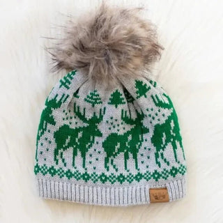 Winter Haven Cable Pom Hat, Lt. Gray & Green Reindeer - 260 Fashion Accessories - The Farmhouse