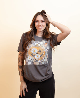 Women's Checkered Jack-O'-Lantern Graphic Tee - 120 Graphic Tees - The Farmhouse
