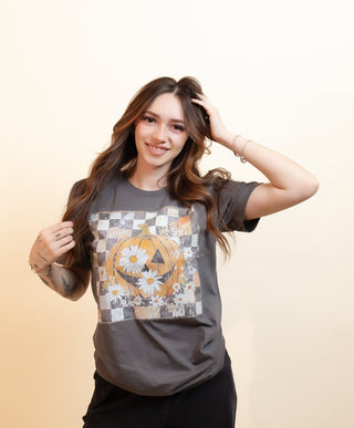 Women's Checkered Jack-O'-Lantern Graphic Tee - 120 Graphic Tees - The Farmhouse