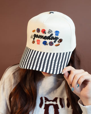 Black stripe trucker hat with Gameday embroidery on the front