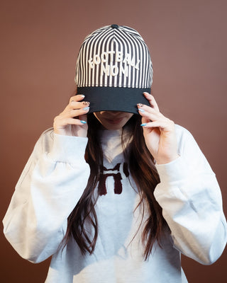 Football Mom trucker cap with red puff embroidery and red stripe panels